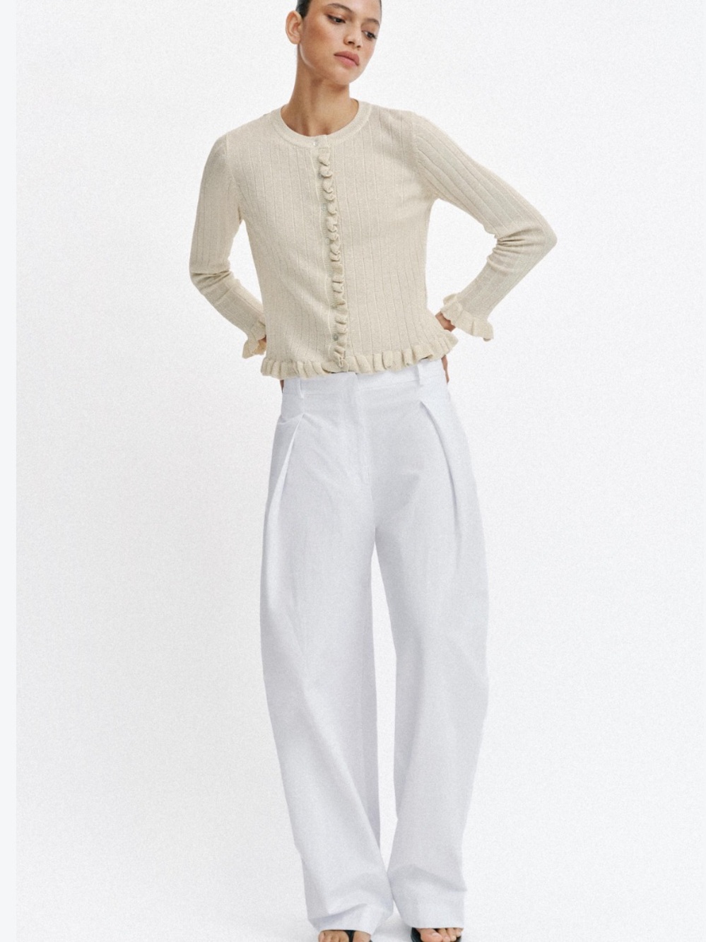 ZARA Women’s Ruffle-Trim Ribbed Cardigan - Cream - Picture 2 of 8